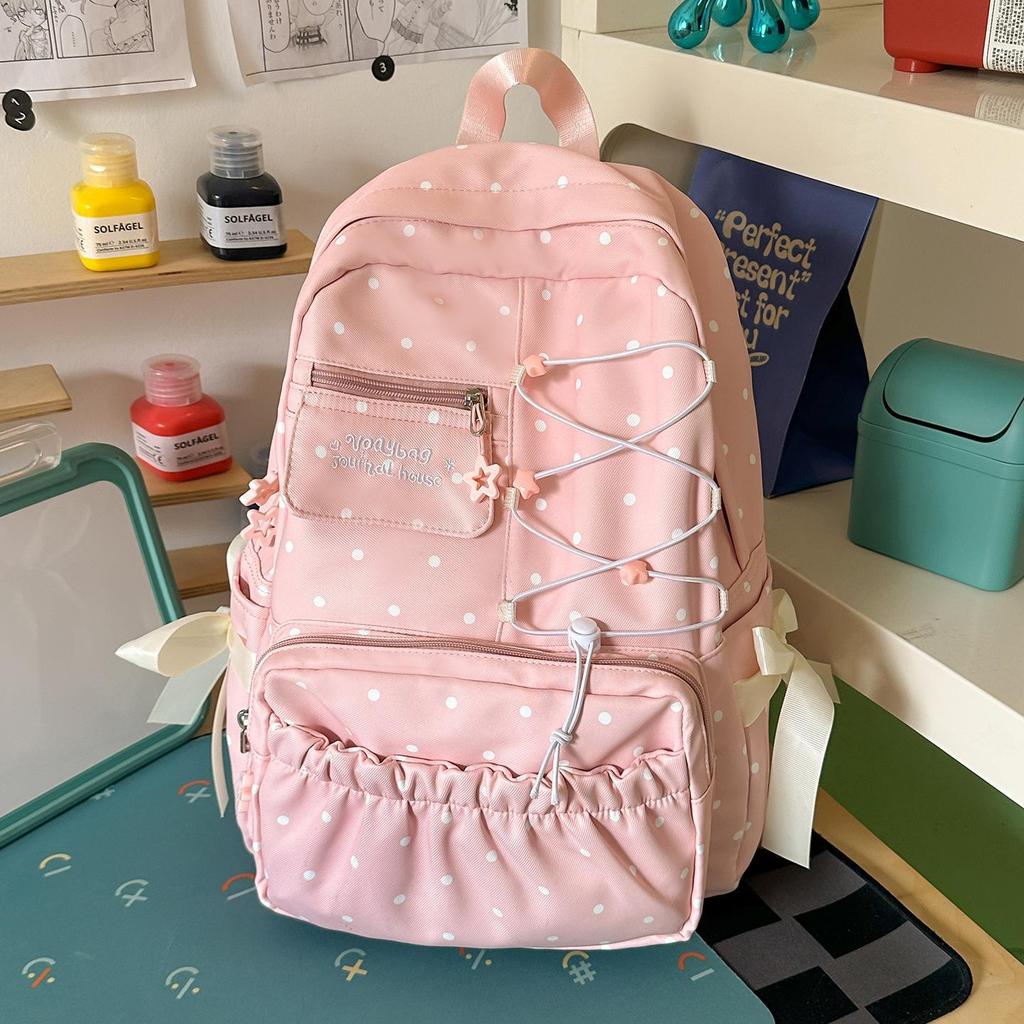 Schoolbag low saturation sea salt light blue polka dot soft waxy sweet backpack pleated lace atmosphere student party schoolbag