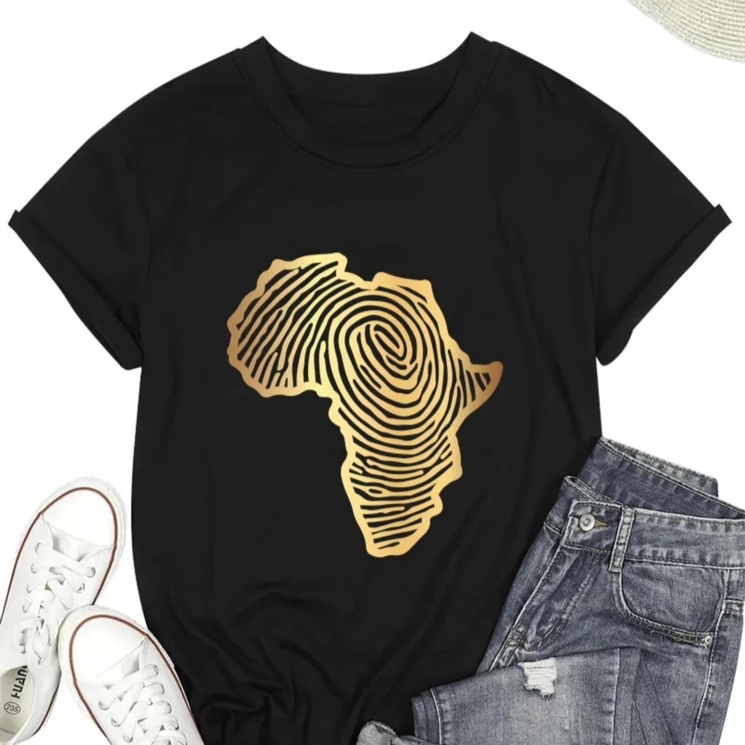 

s African Map Print Short Sleeve Golden Casual Round Neck Regular Fit for Casual Attire Allseason Harajuku Sleeve Casual S чёрный