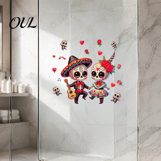 Holiday Glass Stickers for Balcony Halloween Cartoon Skeleton Couple Window Stickers, Waterproof PVC Day of The Dead Static Decals, Traditional Clings
