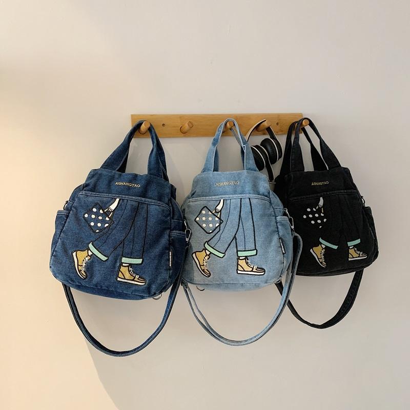 Bolso de Mezclilla Bordado Estampado Bolso Grande de Hombro Cruzado