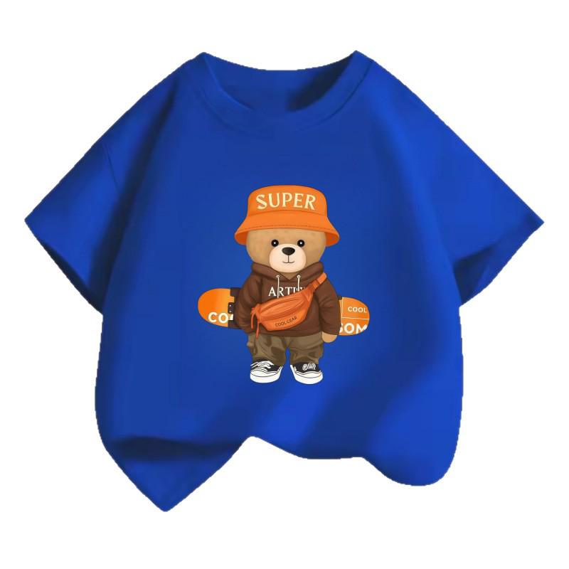 2026 Trendy Cartoon Bear Print Kids Skateboard T-Shirt - Short Sleeve Cotton Top for Boys & Girls