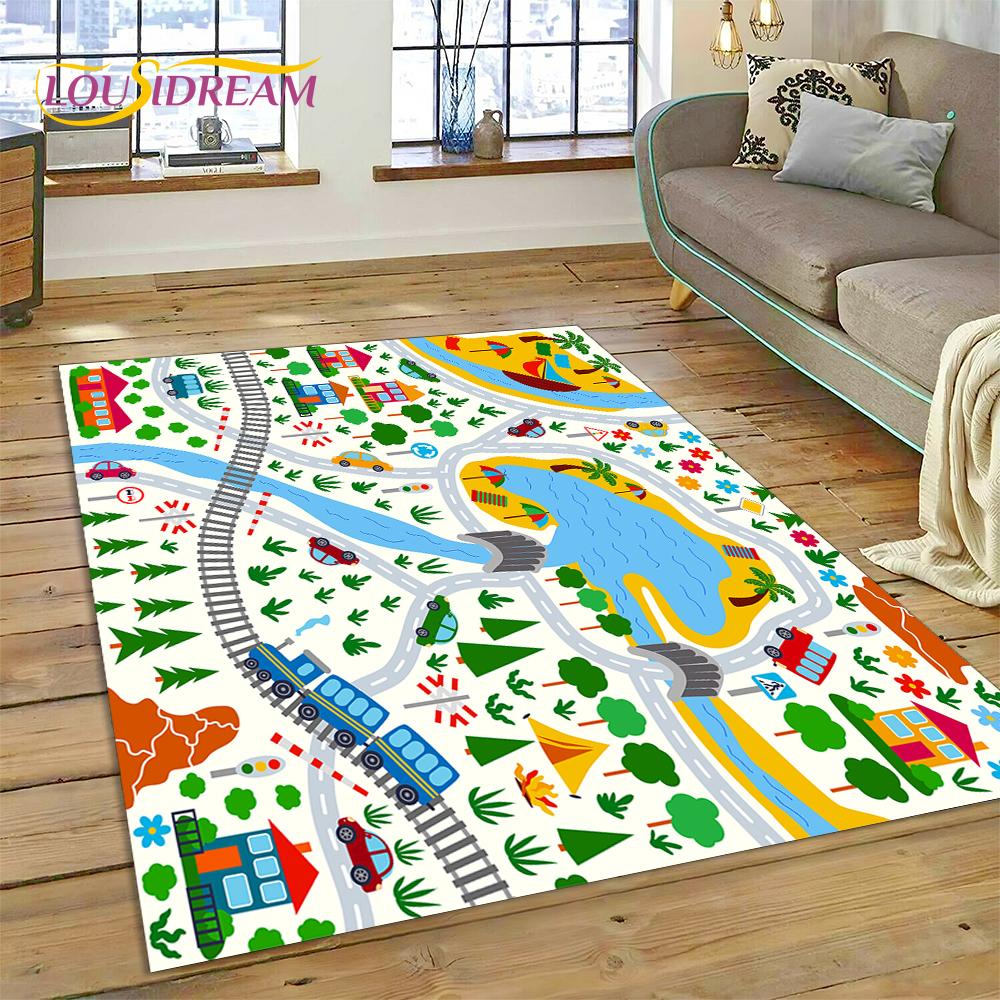 City Traffic Road Map Runway Child PlayMat Highway Playroom Area Rug,Carpet Rug for Living Room Bedroom Sofa Doormat, Non-slip