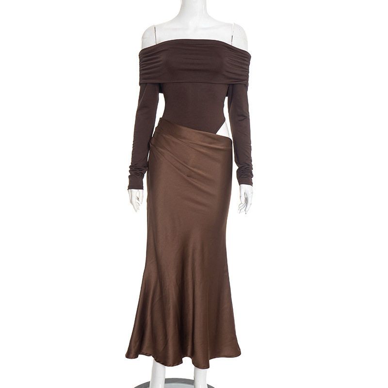 

J25Ds361 European and American Women s Clothing Autumn and Winter New Style Pure Color Elegant Slim Fit Satin One-Line Collar Long-Sleeved Maxi Dress Brown (Ready to Ship) S