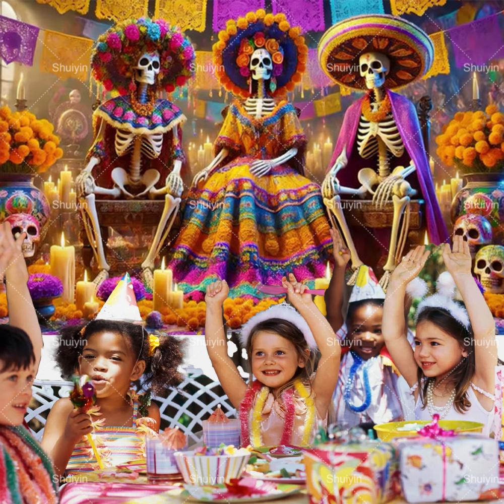 Tło Fotograficzne Dzień Zmarłych Czaszka Nagietek Meksykańska Fiesta Día De Los Muertos Dekoracja Artykuły Imprezowe Akcesoria do Studio Fotograficznego