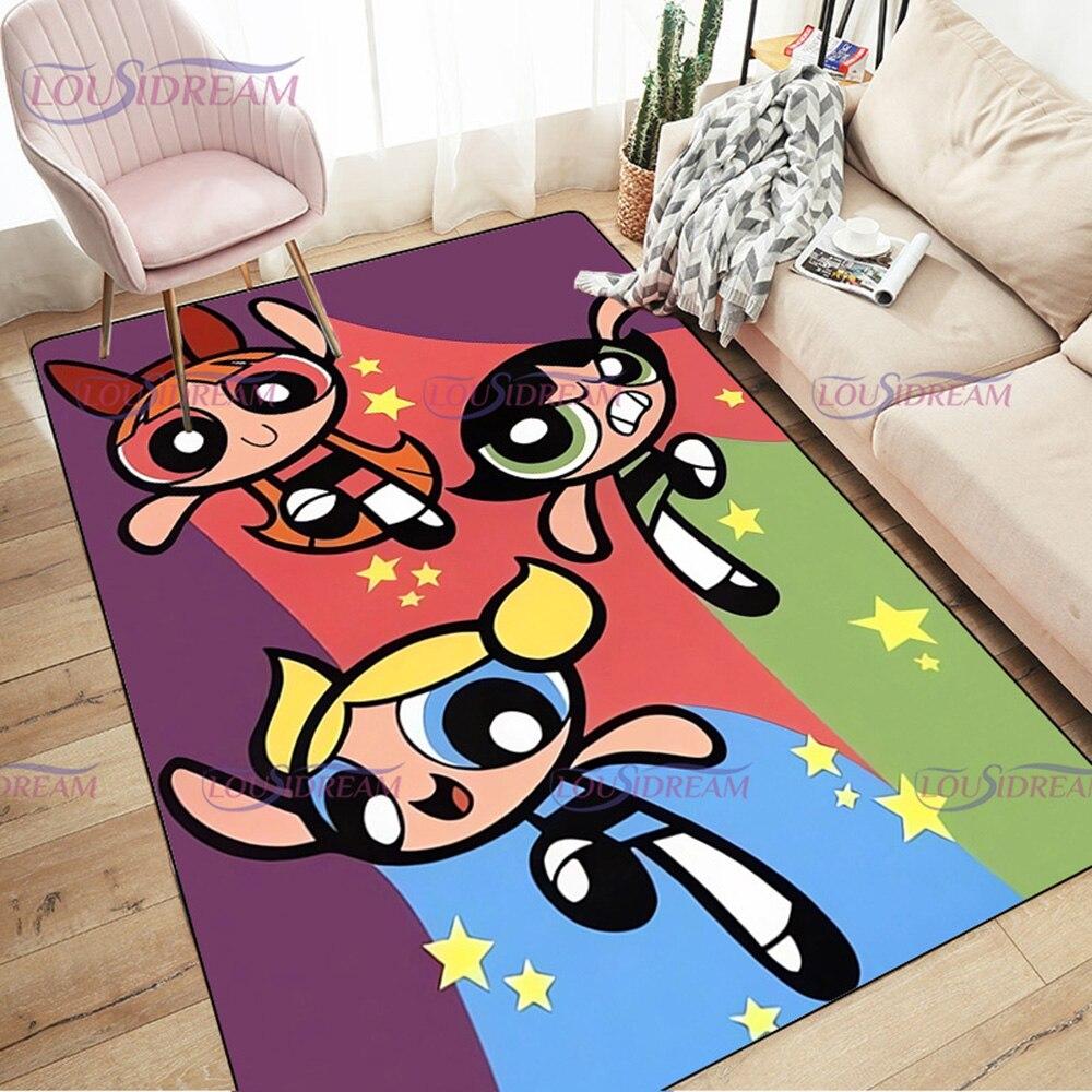 Alfombra de dibujos animados con estampado de Chicas Superpoderosas, decoración para sala de estar y dormitorio, alfombra antideslizante para baño, felpudo para suelo en el pasillo