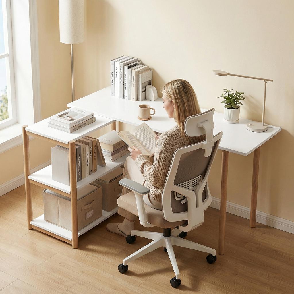 Folding Desk, Computer Desk, Storage Shelves, Bamboo Frame, White and Oak