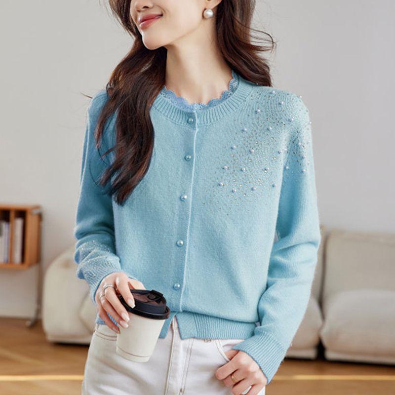 Sweater jacket women's spring clothing new lace collar splicing bead short women's knitted sweater cardigan