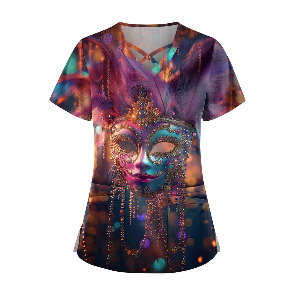 Women's Short Sleeve Stagger V Neck Print Pocket Dry- Top