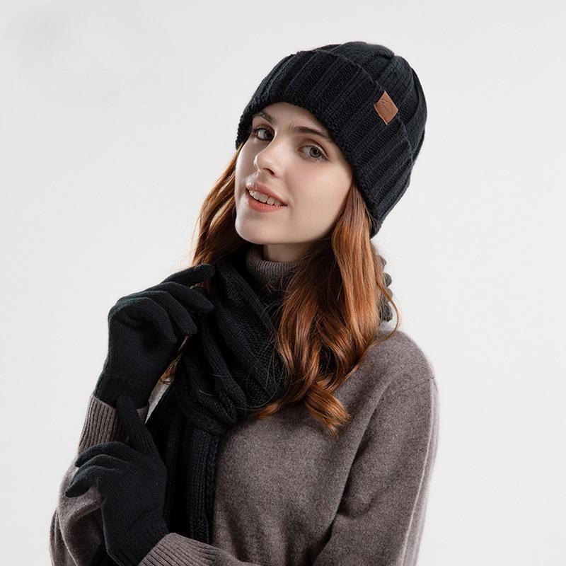 Chapeau d'hiver en laine tricotée pour hommes et femmes, même chapeau, ensemble trois pièces écharpe, gants, chapeau à couverture thermique en peluche