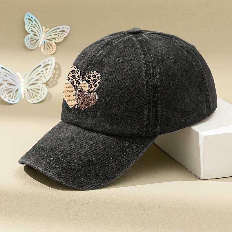 Three Leopard Print Love Pattern Women's Washed Baseball Caps, Multi-functional Dad Hat, Adjustable Sports Outdoor Cap