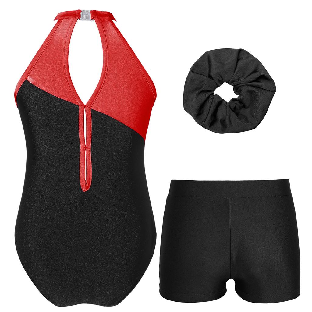 Leotard da Danza da Bambina Senza Maniche con Schiena Scoperta e Strass Brillanti con Fascia per Capelli e Pantaloncini con Vita Elastica