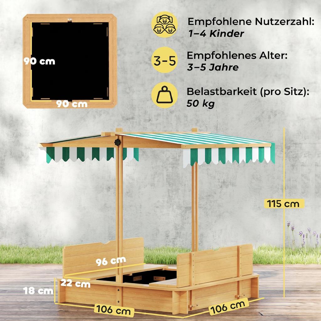 Kids Square Wooden Sandpit, Children Sandbox Outdoor Playset
