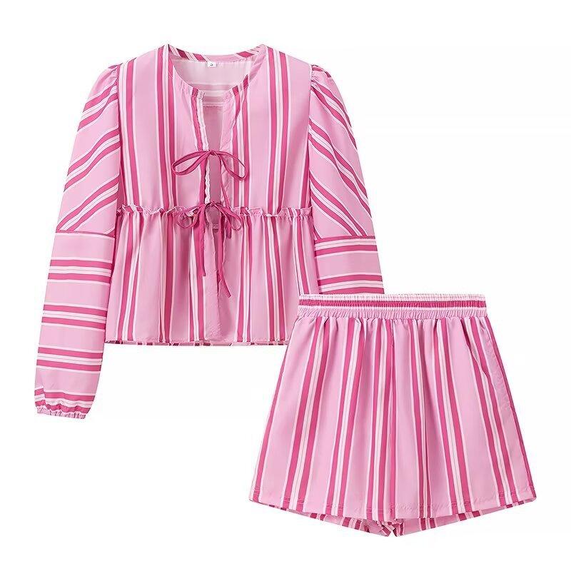 

Летний пляжный женский костюм, повседневный комплект из рубашки и шорт в полоску, женский свободный кружевной бант с открытой спиной и длинным рукавом, рукав-фонарик, женский костюм S розовый