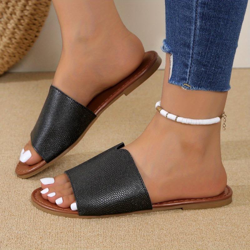 Comfortable Women's Black Faux Cover Slide Sandals | Flat Open-Toe Roman Beach Shoes for Vacation, Casual Outdoor Slippers with Rubber Sole