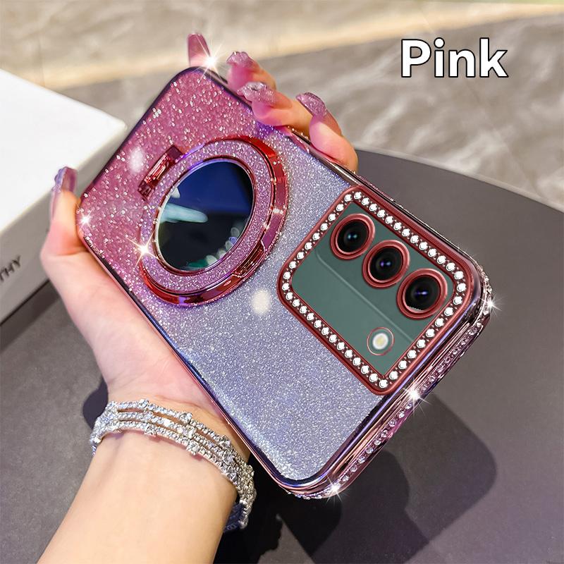 KEYSION Glitter Jewelled Magnetic Phone Case for Samsung Galaxy S22 Ultra S21+ Plus S20 FE Makeup Mirror Stand Shockproof Cover