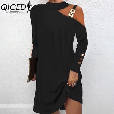 Moda feminina primavera outono cor sólida estampa manga comprida cintura alta vestidos casuais