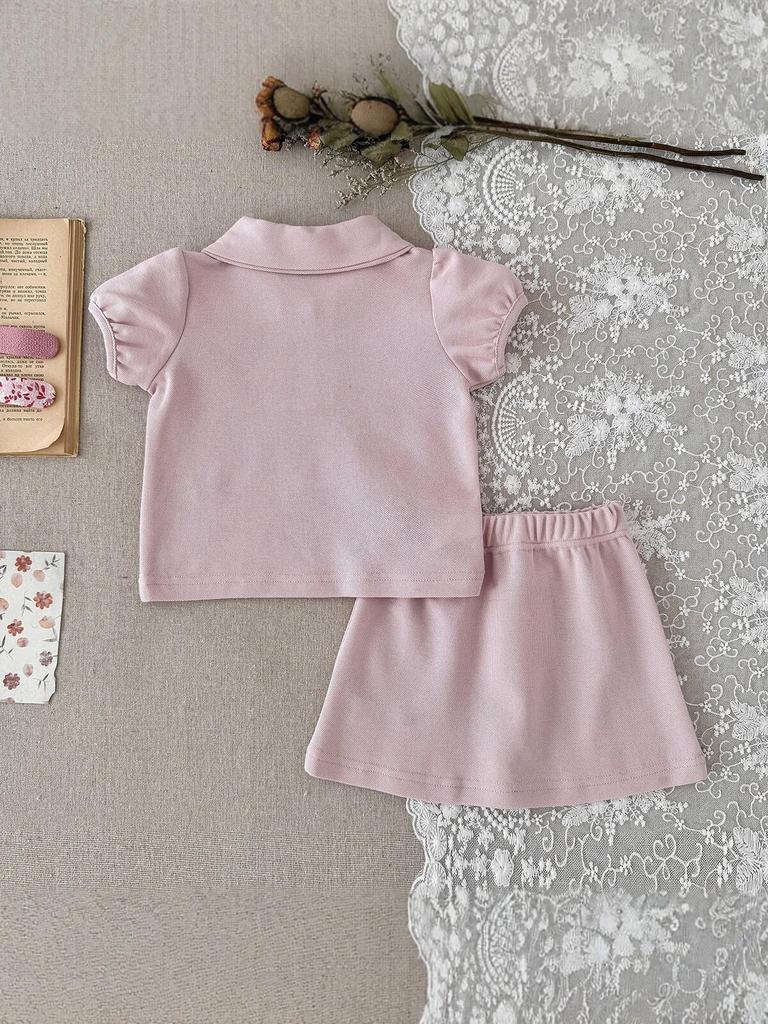 Girls' Pink Embroidered Polo Shirt & Skirt Set – Cute Cartoon Korean-Style Summer Outfit