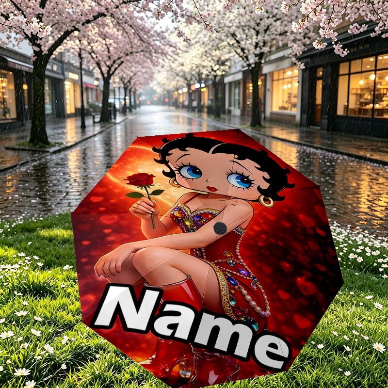 Custom Name Personalized Betty Boop Print Umbrella, Auto Open Close, 8‑Rib Sturdy Frame, Commute Camping Hiking Use, Birthday Gift