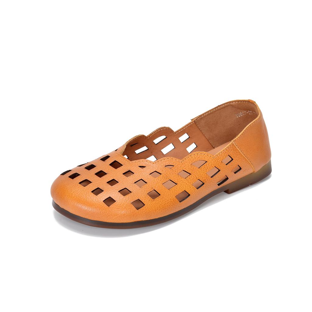 Johnature Genuine Leather Slip-on Shoes Hollow Out Breathable Soft Bottom Women's Flat Sandals