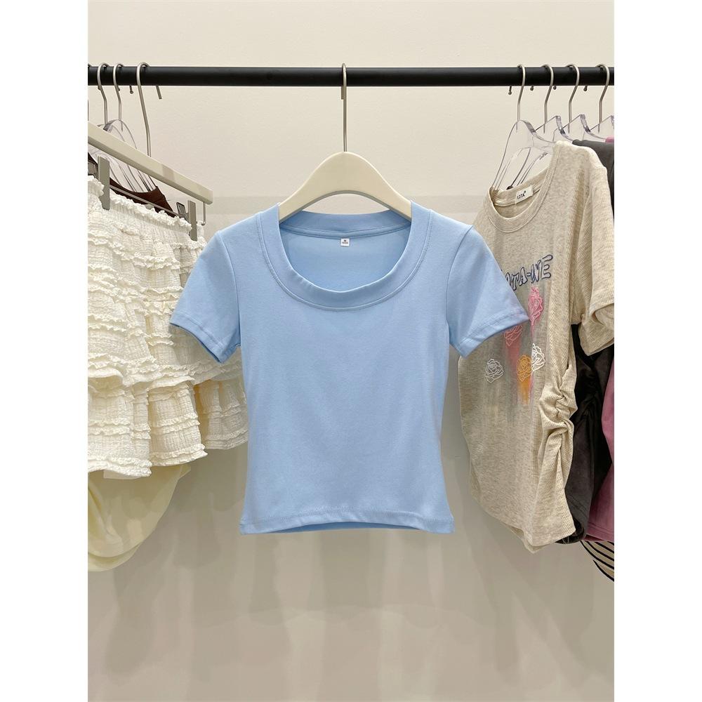 Special Korean Casual Versatile Solid Color U-Neck Clavicle Short Top Women's Summer Inner Spice Girls Small Short Sleeve T-Shirt