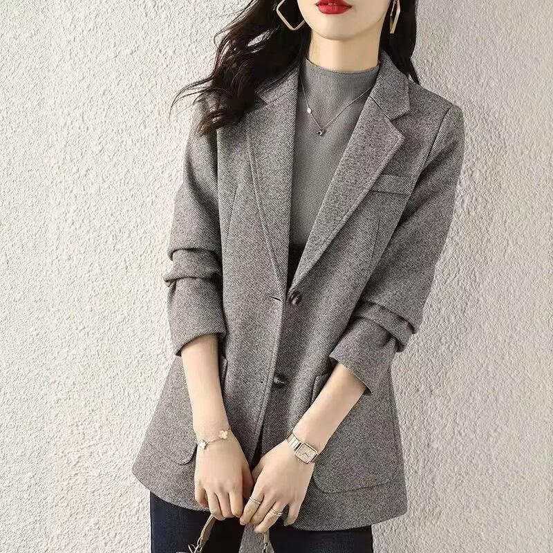 Dame High-End Grå Dressjakke: 2025 Vår Koreansk Stil Casual Liten Blazer