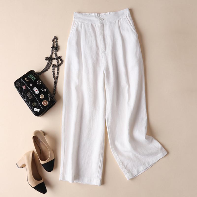 Women Fashion Cotton Linen Solid Color Thin Wide Leg Loose Ninth Pants
