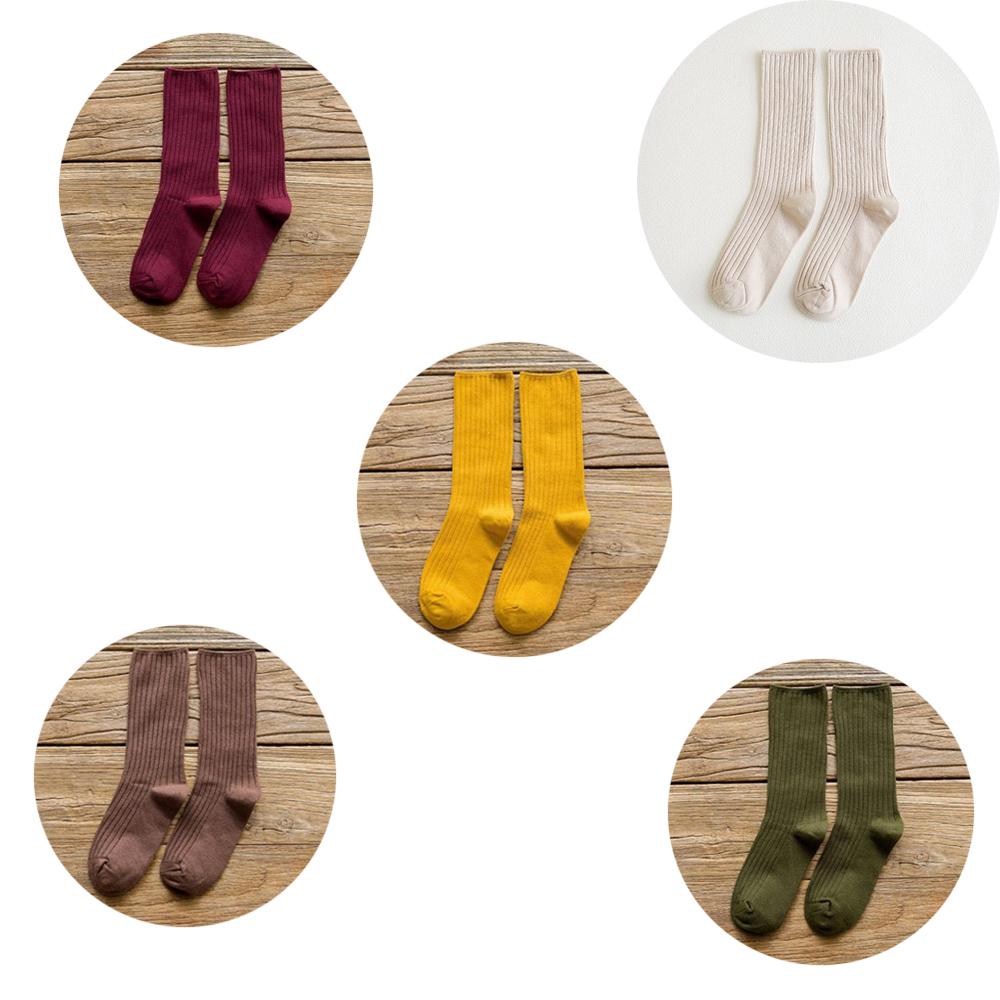 5 Pairs Solid Ribbed Crew Socks Women Mixed Color 4 Seasons Fit Loose Socks Set Daily Basic Sox