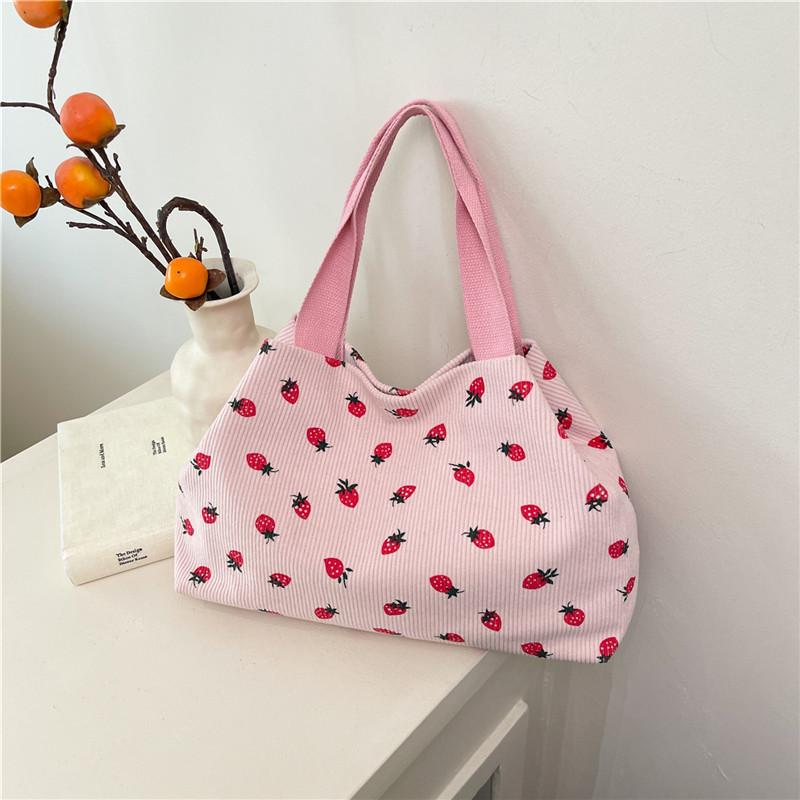 Large-capacity Beautiful Women's Bag Summer New Strip Velvet Strawberry Print Versatile Single Shoulder Portable Commuter Tote Bag