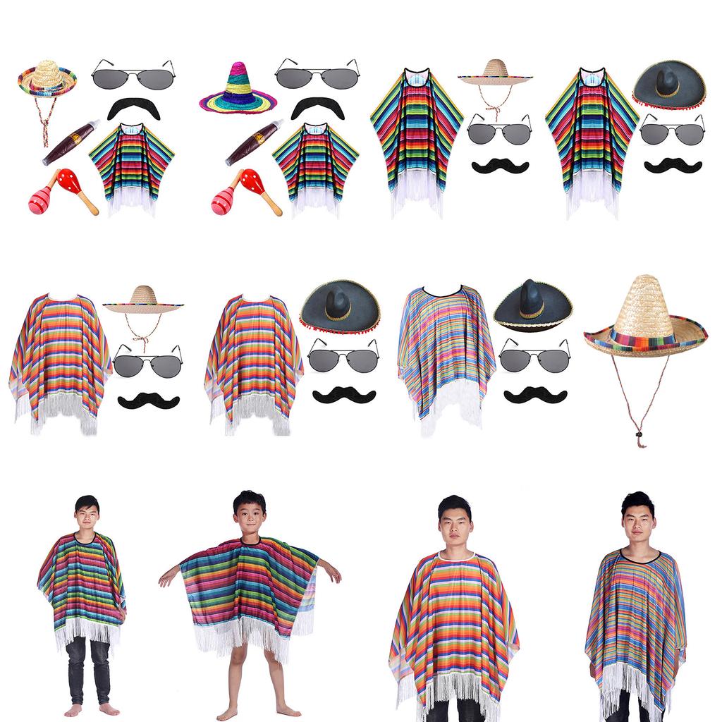 Mexicans Party Outfit for Kids Adult with Poncho Cape Sombrero Hat Sunglasses Maracas and Mustache for Interactive Fun