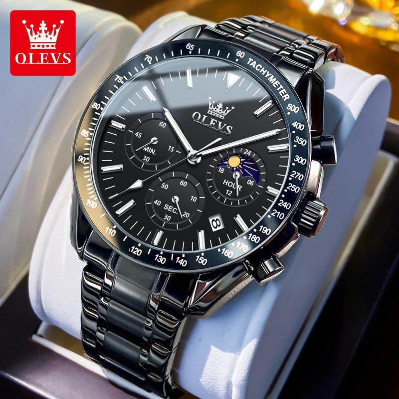 OLEVS 3618 Brand New Fashion Light Blue Quartz Watch Men Stainless Steel Waterproof Luminous Date Moon Phase Chronograph Watches Mens