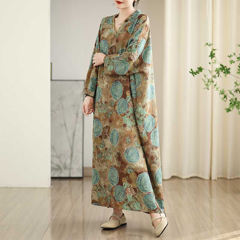 Women's New Color V-neck Retro Long Skirt Cotton Linen Dress