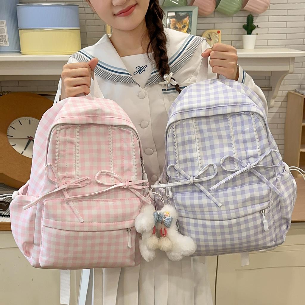 Schoolbag Fresh Light Blue Plaid Bow Girl Heart Backpack Primary School Students Literature Class Shopping Travel Versatile Schoolbag