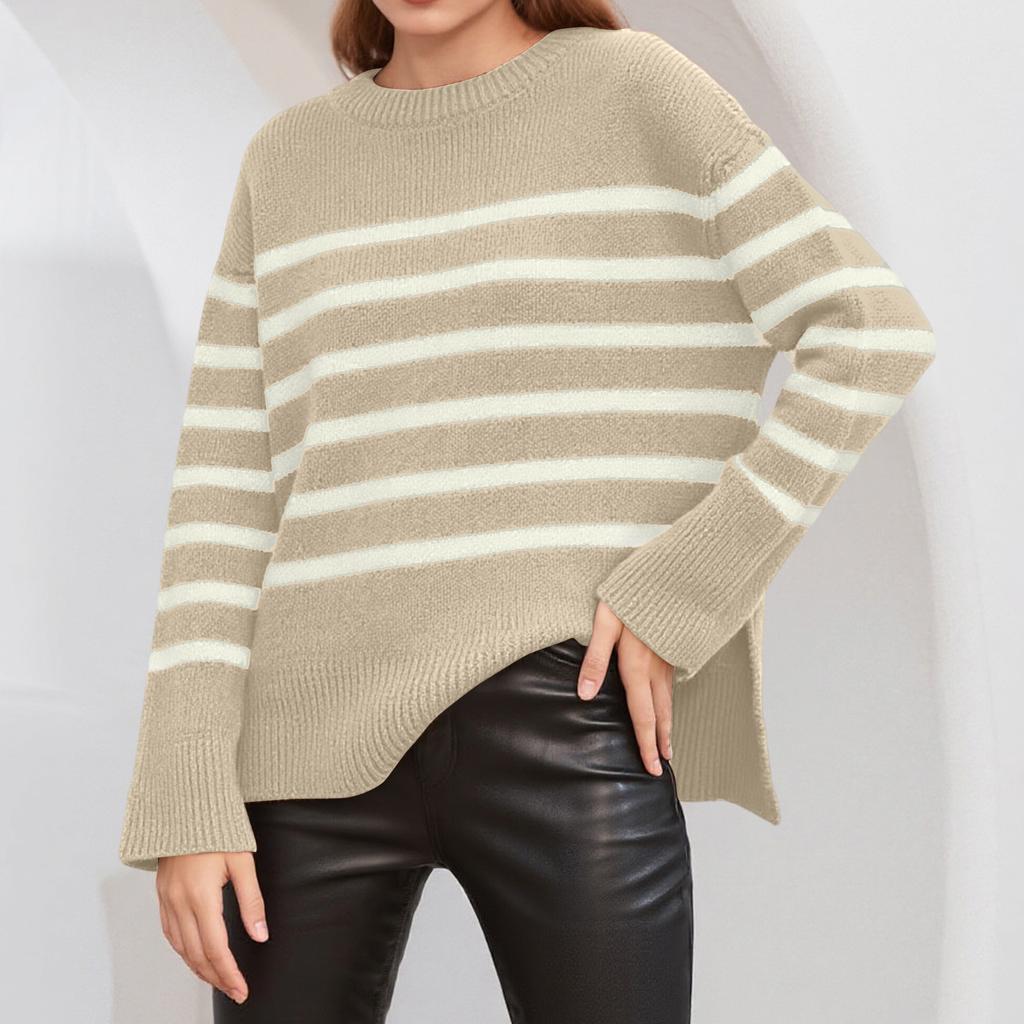 Women's Casual Striped Loose Round Neck Pullover Sweater