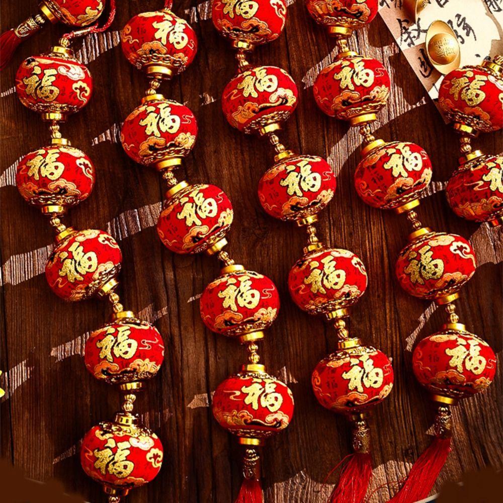 Chinese Style New Year Lantern String Fu Character Traditional Red Ball Lantern String Handmade with Tassels