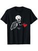 Skeleton Holding Red Heart Graphic Black T-Shirt Gothic Grunge Style Short Sleeve Casual Tee for Men Round Neck