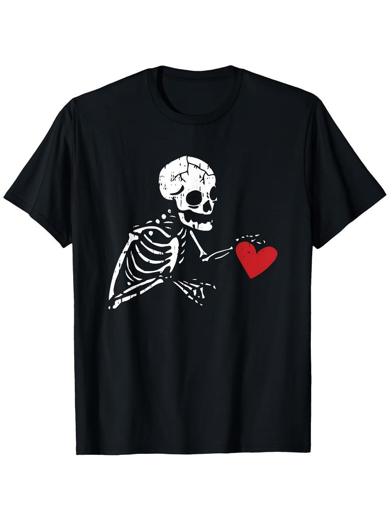 Skeleton Holding Red Heart Graphic Black T-Shirt Gothic Grunge Style Short Sleeve Casual Tee for Men Round Neck