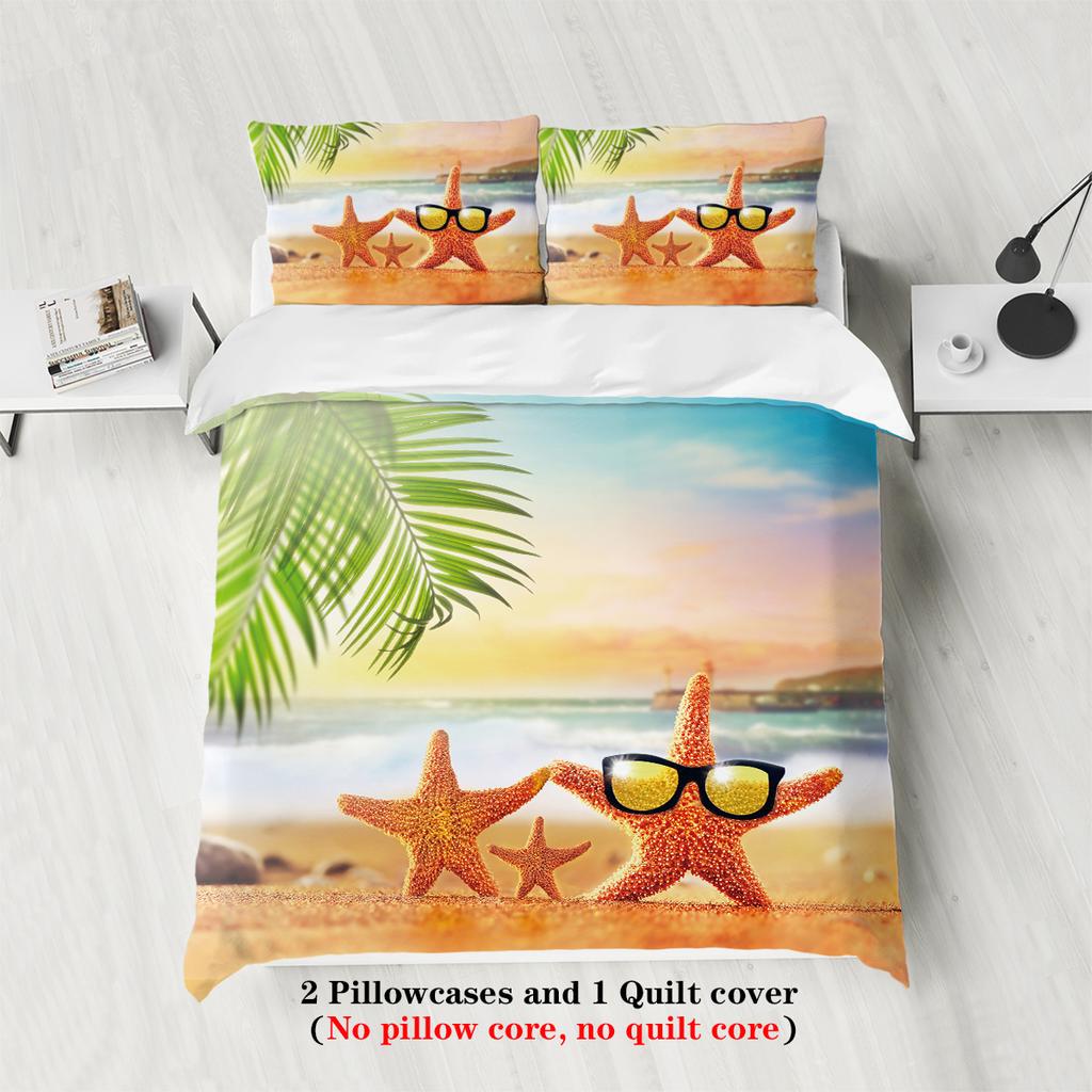 3-piece Beach Starfish Pattern Print (1 Duvet Cover+2 Pillowcases, No Core) Soft and Comfortable Bedding Set