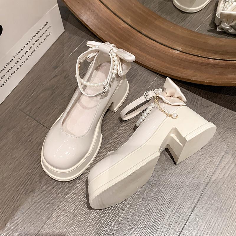 

Женские туфли-лодочки 2025 весна новинка корейская версия модный толстый каблук толстая подошва нескользящие бант жемчуг повседневные туфли Мэри Джейн 35 бежевый
