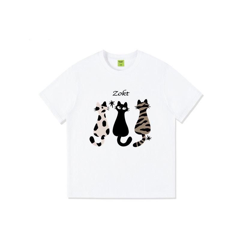 Women's 2026 Drop Shoulder Cartoon T-Shirt - Pure Cotton, Short Sleeve, Trendy American Style
