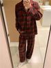 Korean Style Autumn/Winter Couples Red Plaid Lace Homewear Set: Comfortable and Sweet.