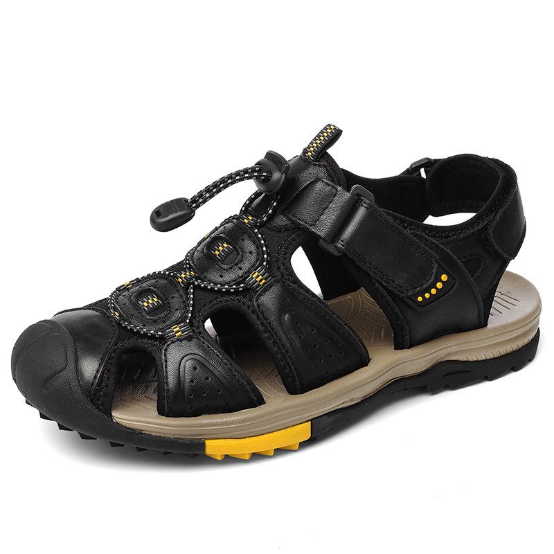 Large Size New Summer Men's Top Layer Cowhide Bag-Toe Casual Outdoor Beach Sandals Comfortable Velcro Non-Slip Breathable