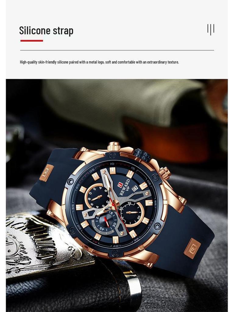 REWARD Men's Multifunction Chronograph Silicone Sports Watch - Luminous, Waterproof, Quartz Calendar (Model: RD83016M)