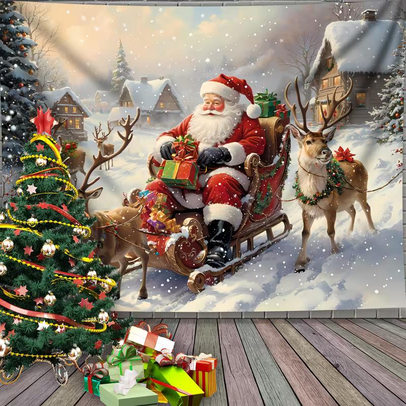 

2D Santa Claus Sleigh Tapestry, Christmas Holiday Wall Decor 47.2x31.5inch/120*80cm