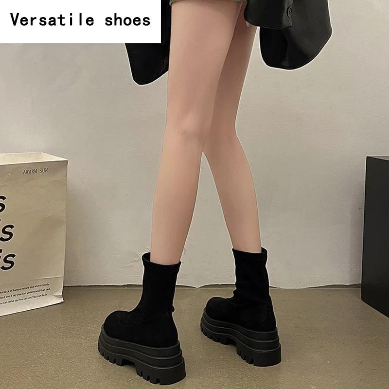 Vintage Platform Increase Women Ankle Boots Fashion Slip On Shoes Autumn Winter British Style Ladies Elegant Short Booties