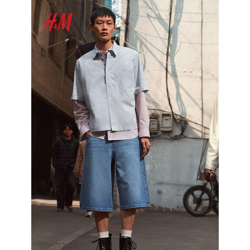 

Мужские рубашки HM 2025 Лето Новые Свежий профиль Рубашки с коротким рукавом 1277325 Black 175/100(M)