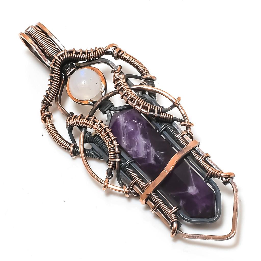 Sage Amethyst & Moonstone Pendant, Gemstone 999 Copper Wire Wrapped Jewelry Pendant, Handmade Jewelry Birthstone Pendant, Gift For Him