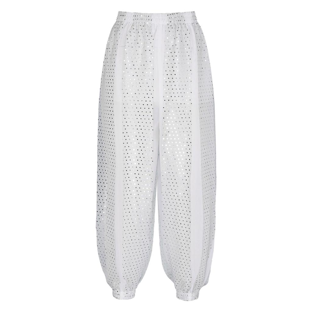 Womens Semi Sheer Chiffon Pants Sequined Dot Design Elastic Waist Belly Dance Performance Trousers