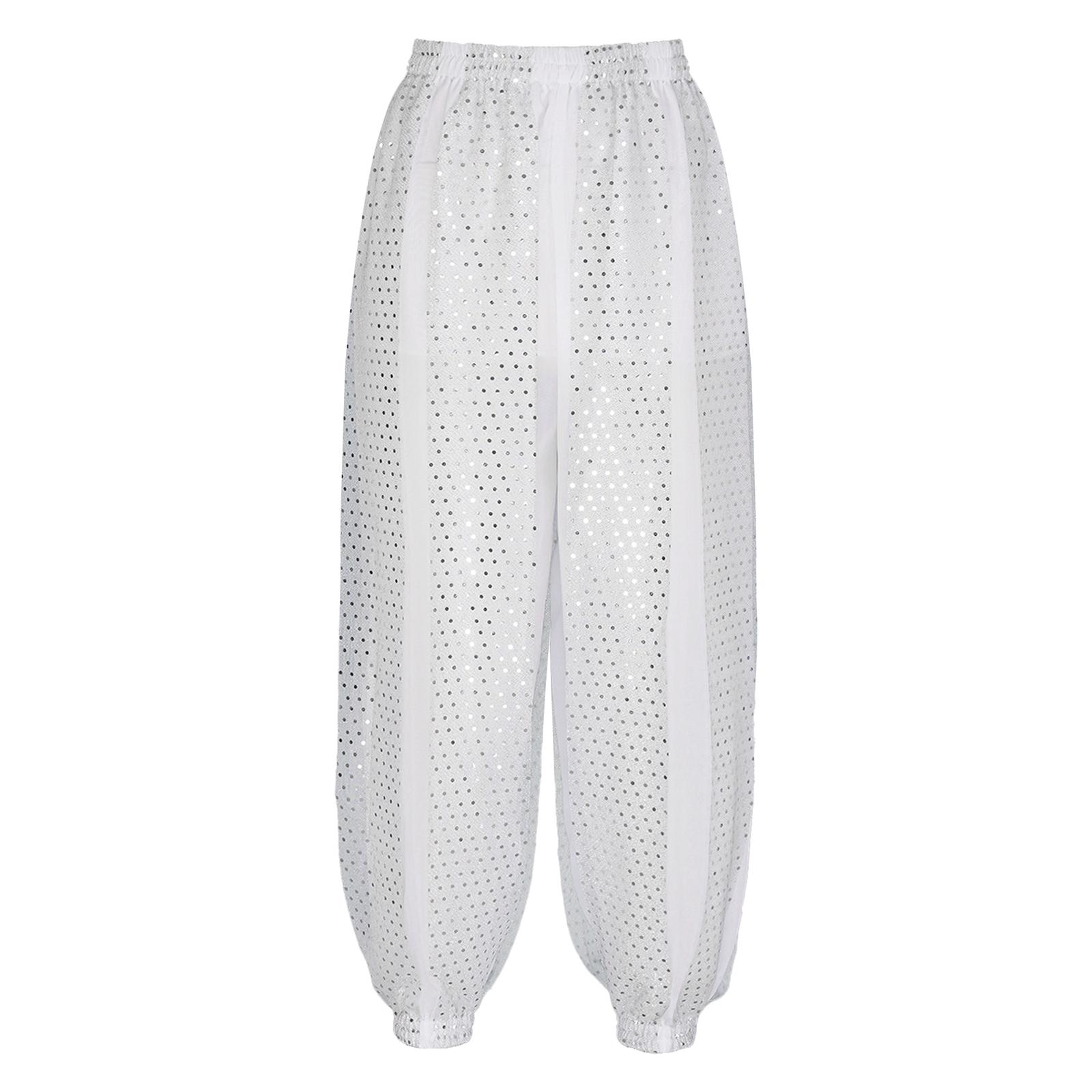 

Женские брюки для танца живота из шифоновой ткани с блестками и точками, полупрозрачные брюки с эластичной талией для выступлений на сцене в стиле трайбл One Size белый