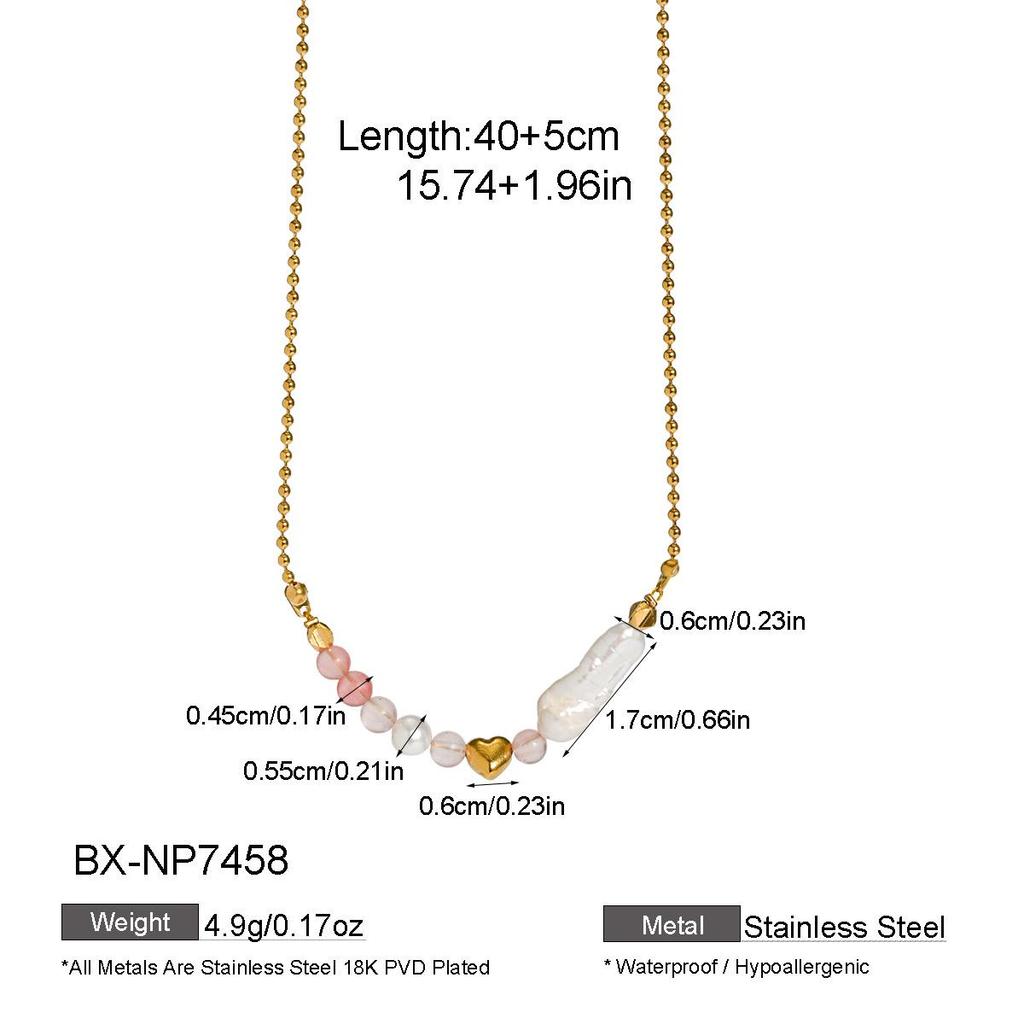 18K Gold-Plated Baroque Pearl & Titanium Steel Necklace with Love Pendant for Women