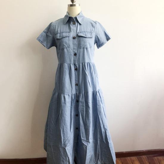Frühling Sommer Jeanskleid Einfarbige Einreiher Langes A-Linien-Kleid für das Büro